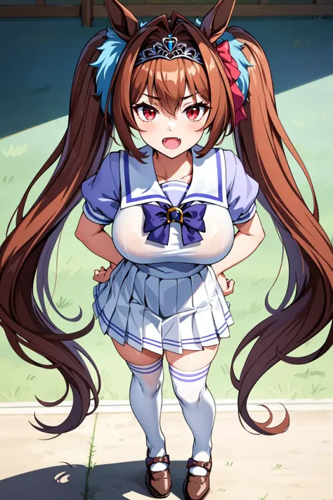 masterpiece, best quality, 1girl, solo, <lora:daiwa_scarlet_v10:0.5>, horse ears, daiwa scarlet (umamusume), tracen school uniform, white thighhighs, white skirt, twintails, sailor shirt, puffy short sleeves, horse tail, very long hair, brown hair, bow, sailor collar, bowtie, purple shirt, hair intakes, tiara, fang, red eyes, large breasts, bangs, full body