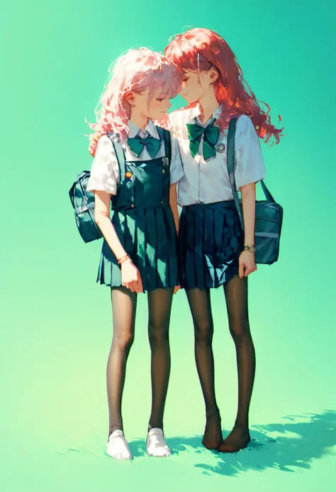 score_9, score_8_up, score_7_up, score_6_up, source_anime, 2girls, skinny, pantyhose, no shoes, school uniform, standing, simple background, yuri, green background, cinematic, warm lighting