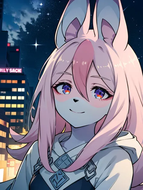 1 girl,furry,fox girl,furry female,fox ears, animal ears, nazuna_hiwatashi, pink hair,long hair, red eyes, hair between eyes, (animal nose, triangle shaped nose), (tail), (high quality, best quality, (4k), hi res, masterpiece, beautiful, high details), happy, looking at viewer, night, looking at viewer, detailed eyes, smile, starry sky, city, <lora:NazunaV2:0.9>