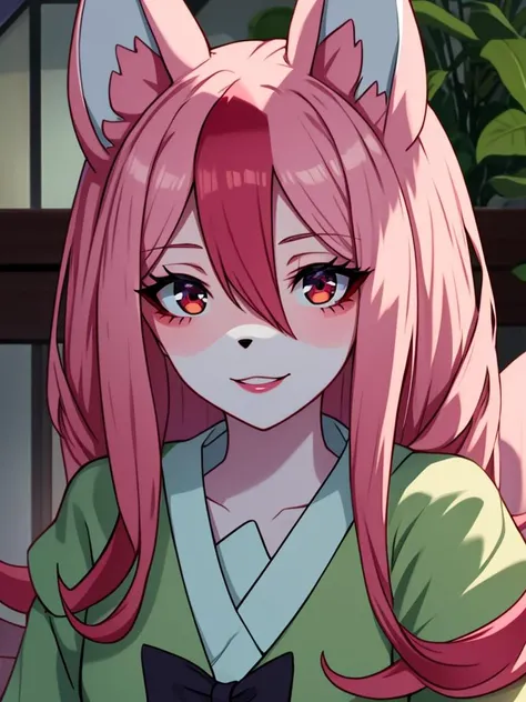 1 girl,furry,fox girl,furry female,fox ears, animal ears, nazuna_hiwatashi, pink hair,long hair, hair between eyes ,multicolored eyes, red eyes, (animal nose, triangle shaped nose), (tail,fox tail), (high quality, best quality, (4k), hi res, masterpiece, beautiful, high details), happy, looking at viewer, hotel, detailed eyes , flirty, red lipgloss  <lora:nazunut-10:0.8>