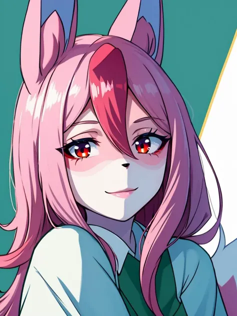 1 girl,furry,fox girl,furry female,fox ears, animal ears, nazuna_hiwatashi, pink hair,long hair, red eyes, hair between eyes, (animal nose, triangle shaped nose), (tail,fox tail), (high quality, best quality, (4k), hi res, masterpiece, beautiful, high details), happy, looking at viewer, hotel, detailed eyes , flirty <lora:nazunut-10:0.8>