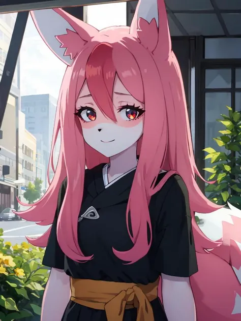 1 girl,furry,fox girl,furry female,fox ears, animal ears, nazuna_hiwatashi, pink hair,long hair, red eyes, hair between eyes, (animal nose, triangle shaped nose), (tail,fox tail), (high quality, best quality, (4k), hi res, masterpiece, beautiful, high details), happy, looking at viewer, hotel, detailed eyes <lora:nazunut-10:0.85>