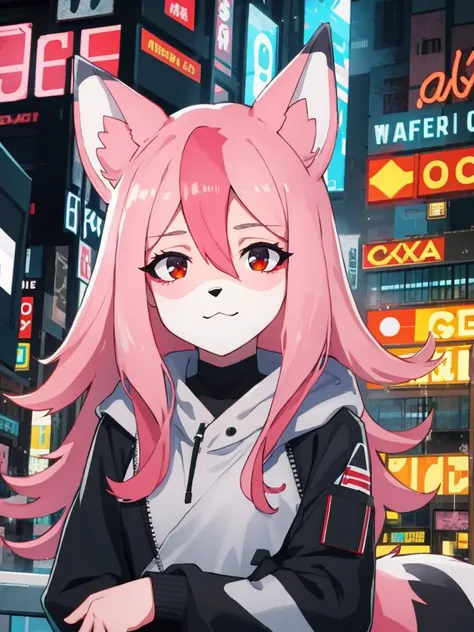 1 girl,furry,fox girl,furry female,fox ears, animal ears, nazuna_hiwatashi, pink hair,long hair, red eyes, hair between eyes, (animal nose, triangle shaped nose), (tail), (high quality, best quality, (4k), hi res, masterpiece, beautiful, high details), happy, looking at viewer, (cyberpunk,futuristic), city, night <lora:nazunut-10:0.9>