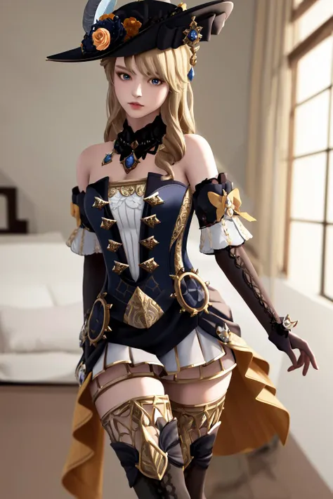 masterpiece, best quality, highres, 1girl navia, black headwear hat flower hat feather black thighhighs black gloves boots <lora:navia_full:1> photorealistic, bare shoulders