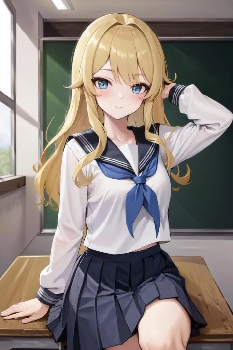Girl in a sailor suit Pleated skirt mini skirt Beautiful long blonde hair Skirt lifted ingering, schlick, masturbation