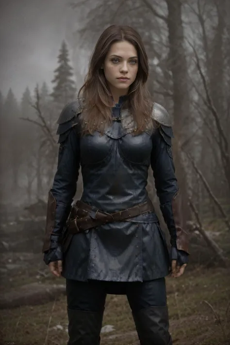 best quality, masterpiece, (opt-lyndsyfonseca2010s <lora:opt-lyndsyfonseca2010s:1>, dark brown hair, blue eyes), swedish, battlescars,looking at viewer, (full body:0.6)}, detailed background, (<lora:CulturePunkBundle-000007:0.4>, vikingpunkai, norse viking theme:1.1), nordic medieval norse ravager, fury of the old gods, dark ages, blood soaked, simple muted dark blue padded leather battle-tunic, rain, epic scene composition, norse dark fantasy atmosphere,, in the style of Bart Sears, SkinHairDetail, wide angle shot, full body, <lora:ReaLora:0.8>