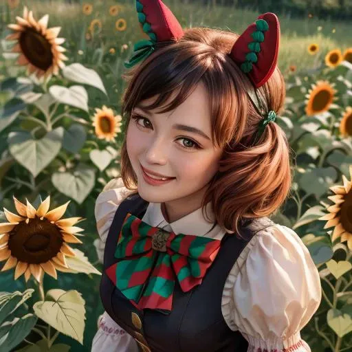 masterpiece, best quality, face shot, close up, smile, looking up, lookat viewer, sunflowers, grass, looking at viewer, from above,
nice nature \(umamusume\), covers, green bowtie, diagonal-striped bowtie, striped puffy sleeves, puffy long sleeves, juliet sleeves, grey shirt, double-breasted, buttons, black dress
 <lora:nice_nature_loha-000006:0.8>