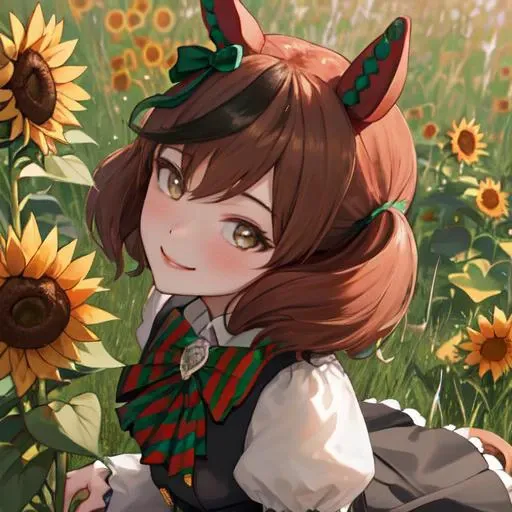 masterpiece, best quality, face shot, close up, smile, looking up, lookat viewer, sunflowers, grass, looking at viewer, from above,
nice nature \(umamusume\), covers, green bowtie, diagonal-striped bowtie, striped puffy sleeves, puffy long sleeves, juliet sleeves, grey shirt, double-breasted, buttons, black dress
 <lora:nice_nature_loha-000006:0.8>