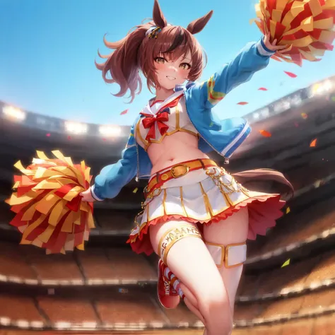 masterpiece, best quality,
nice nature \(umamusume\), solo,
full body, arm up, standing on one leg, stadium, smile, sweat, confetti,
looking at viewer, from below,
official alternate costume, cheerleader, ponytail, long sleeves, crop top, white shirt, sailor collar, midriff, navel, blue jacket, open jacket, belt, layered skirt, pleated skirt, white skirt, miniskirt, thigh strap, orange shorts, white socks, red footwear, sneakers,
<lora:nice_nature_loha:0.8>