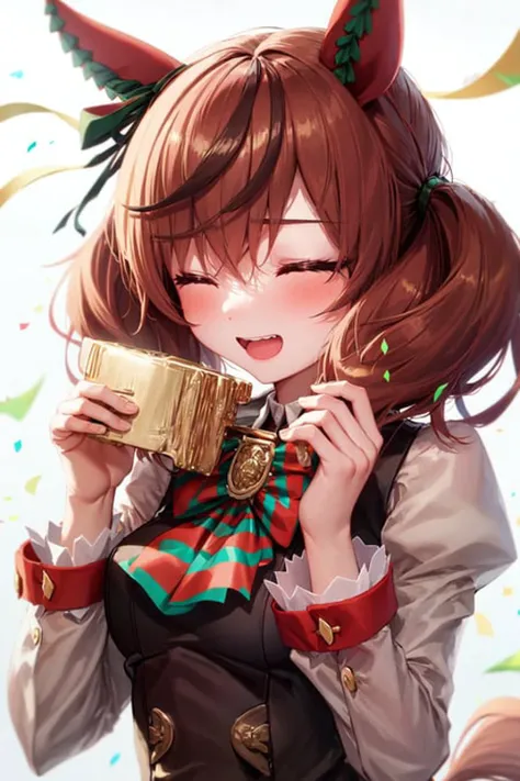 masterpiece, best quality,
nice nature \(umamusume\),
(holding golden trophy:1.4), golden trophy, confetti,
upper body, hands up, looking at viewer, closed eyes, open mouth, eye smile,
covers, green bowtie, diagonal-striped bowtie, striped puffy sleeves, puffy long sleeves, juliet sleeves, grey shirt, double-breasted, buttons, black dress,
<lora:nice_nature_loha:0.8>