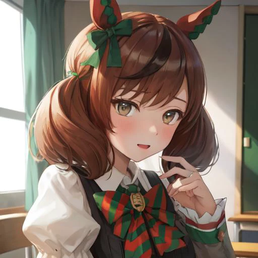 masterpiece, best quality, face shot,  school,
nice nature \(umamusume\), covers, green bowtie, diagonal-striped bowtie, striped puffy sleeves, puffy long sleeves, juliet sleeves, grey shirt, double-breasted, buttons, black dress, <lora:nice_nature_loha-000006:0.6>