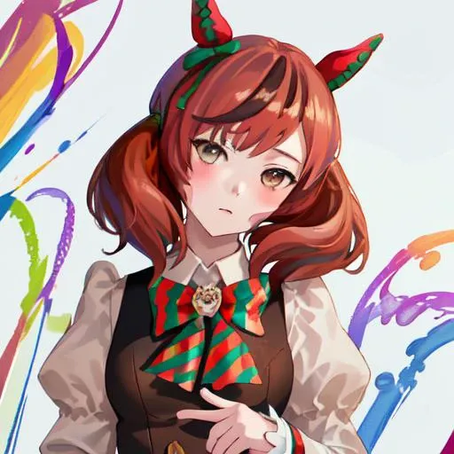 masterpiece, best quality, nice nature \(umamusume\), covers, green bowtie, diagonal-striped bowtie, striped puffy sleeves, puffy long sleeves, juliet sleeves, grey shirt, double-breasted, buttons, black dress