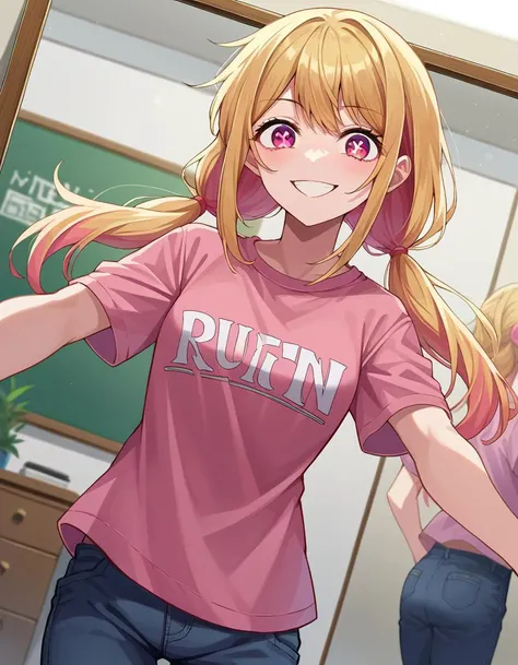 score_9, score_8_up, score_7_up, source_anime,
rubyhoshino, <lora:ruby-hoshino-ponyxl-lora-nochekaiser:1>,
ruby hoshino, long hair, bangs, blonde hair, pink eyes, sidelocks, symbol-shaped pupils, multicolored hair, two-tone hair, smile,
shirt, twintails, pants, low twintails, t-shirt, clothes writing, pink shirt,
indoors, studio, mirror, dancing,
looking at viewer, cowboy shot, dutch angle,