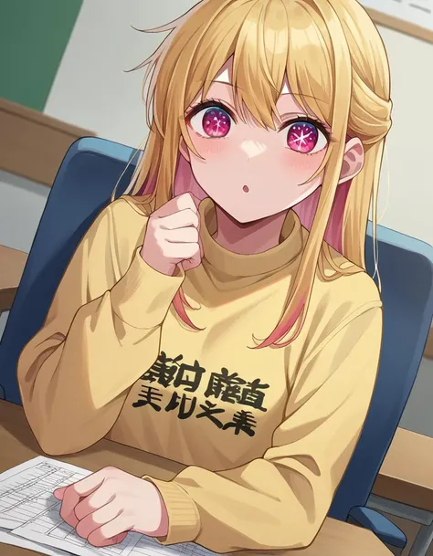 score_9, score_8_up, score_7_up, source_anime,
rubyhoshino, <lora:ruby-hoshino-ponyxl-lora-nochekaiser:1>,
ruby hoshino, long hair, bangs, blonde hair, pink eyes, sidelocks, symbol-shaped pupils, multicolored hair, two-tone hair,
shirt, long sleeves, sweater, clothes writing, yellow shirt,
indoors, chair, table, sitting,
looking at viewer, cowboy shot, dutch angle,