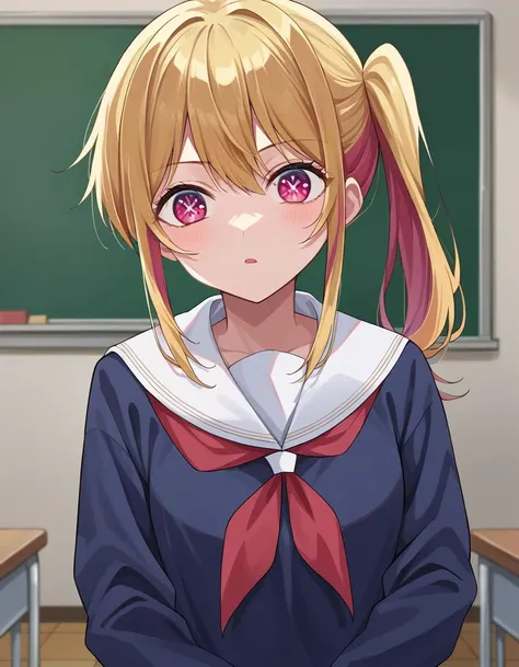 score_9, score_8_up, score_7_up, source_anime,
rubyhoshino, <lora:ruby-hoshino-ponyxl-lora-nochekaiser:1>,
ruby hoshino, long hair, bangs, blonde hair, pink eyes, sidelocks, symbol-shaped pupils, multicolored hair, two-tone hair,
side ponytail, long sleeves, school uniform, serafuku, sailor collar, neckerchief, cardigan, red neckerchief, white sailor collar,
indoors, classroom,
looking at viewer, cowboy shot, dutch angle,