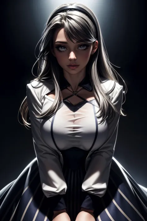 (ultra realistic,32k,RAW photo:1.1),(high detailed skin:1.1), 8k uhd, dslr, high quality, film grain, (makeup, mascara:1.1), lips,(thick\lips\), 
(shiny glossy translucent clothing:1.1), <lora:sagiri:0.7>sagiriatKC, long hair, long sleeves, dress,striped jacket, hairband, striped, white dress,, <lora:add_detail:0.94>, huge breast, (upper body:1.1),
Leaning forward, hands braced on knees,
 (busty:1.1) ,  (chubby:0.1),(volumetric lighting:1.1), <lora:LowRA:0.4>, dark theme blank background