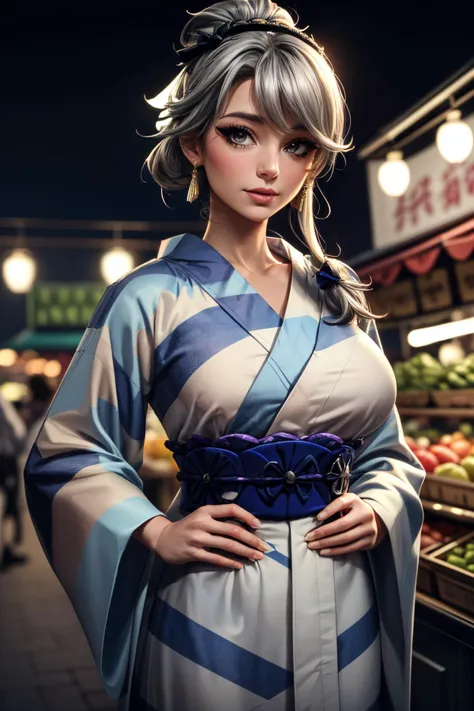 (ultra realistic,32k,RAW photo:1.1),(high detailed skin:1.1), 8k uhd, dslr, high quality, film grain, (makeup, mascara:1.1), lips,(thick\lips\),
(shiny glossy translucent clothing:1.1), <lora:sagiri:0.7>sagiriyktKC, long hair, hair ornament,hairband,kimono, swept bangs, yukata, checkered clothes, checkered kimono,hair bun,, <lora:add_detail:0.94>, huge breast, (upper body:1.1),
Standing with hands on hips,
(busty:1.1) , (chubby:0.1),(dynamic lighting:1.1), <lora:LowRA:0.4>, dark theme farmers' market, fresh produce, artisanal goods, lively