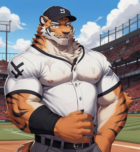 anthro, balls, bodily fluids, fur, looking at viewer, male, multicolored body, multicolored fur, muscular, musk clouds,solo, two tone body, two tone fur, (lin hu), <lora:lin-hu:0.8>, baseball cap, baseball uniform, blue eyes,(no nipples)