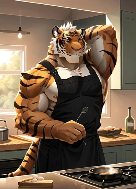The scene shows a strong male tiger man standing in the kitchen, wearing only a black apron. He was busy in front of the stove, preparing a big dinner. The tiger is bare-chested, his two full chest muscles contracting with the movement of his arms, and his broad shoulders allow the straps of his apron to slip slightly. Apron loosely around the waist, can not cover the body hair thick lower body, a group between the bulge is looming. The Tiger man is so focused on cooking that he doesn't seem to care about his naked upper body and uncovering lower body. His white tiger ears were tilted close to the back of his head, and his white tail fell freely behind him, swinging gently. In the small kitchen, various cooking utensils and ingredients are scattered on the stove and table top, and the smell of dishes fills the air. The orange light reflected on the tiger's strong back, creating a strong visual contrast with the white tips of his ears and tail. The whole picture exudes a warm and sexy atmosphere. dthe tiger furry edicated cooking attitude adds a joy of cooking to the kitchen, and his bare-chested strong body and difficult to cover the lower body more people can not move their eyes, the heart gives rise to reverie.
<lora:lin-hu:1>
