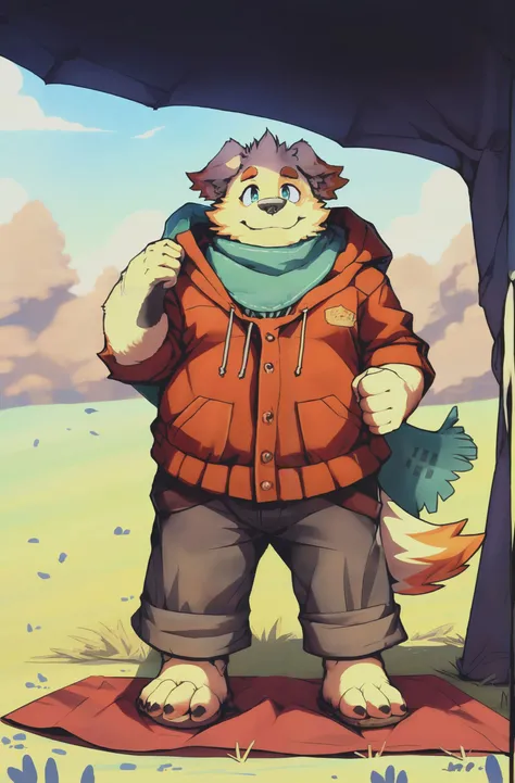 1boy, solo, portrait, ((<lora:cusith_v1:1>, cu sith, dog, cute, canine, plump, chubby, belly, chubby face, up close pov, smooth body, 20s, fluffy ears, lop ears, long ears, thick eyebrows, yellow fur, scarf, hoodie, pants, big feet, thick sandals,)), bottomwear,
hd, masterpiece, best quality, realistic proportions, correct anatomy, good anatomy, professional drawing, trending on artstation, best rendering, fluffy fur, in a very tall grassy field, picnic mat, picnic, picnic basket, table, next to wooden picnic table, sipping on a drink with a straw, drinking, dynamic poses, snowy mountain in the backdrop, tree shadow, wind breezing, <lora:add_detail:0.3>.
<lora:nj5furry-v1_toon_nsfw:1.0>