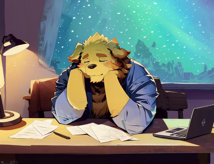 solo, <lora:cusith_mergev2:1>, cu sith, dog, yellow fur, yellow body, chubby male, pajamas, dozing off, sleeping, snoring, hands on desk, messy desk, laptop on desk, pens, paper, sitting in a chair, in bedroom, half opened eyes, desklamp turned on, sticky notes on the wall, up close, third person pov, vivid details, masterpiece, lofi music on, phone on desk, opened window, night time, blue walls, messy bedroom, birds eye view, bed in the background, <lora:add_details:0.8><lora:nj5furry-v1_toon_nsfw:1.0>