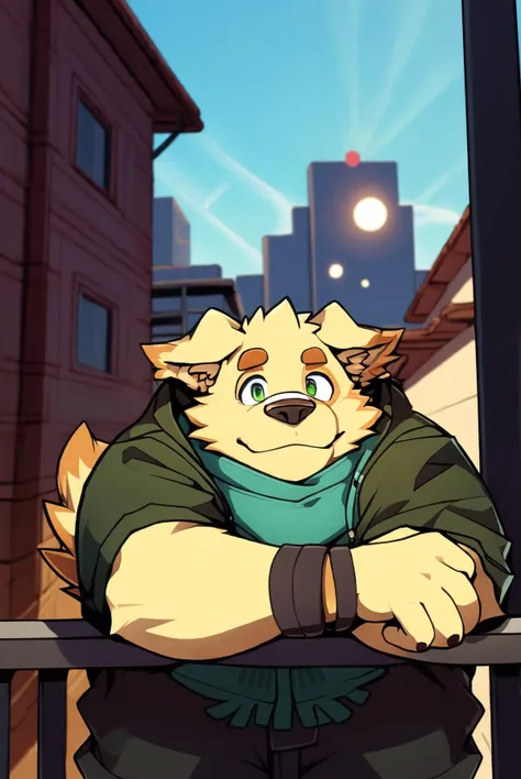 <lora:cusith_v1:1>, cu sith \(tas\), bird dog, canid, canine, canis, domestic dog, golden retriever, hunting dog, mammal, retriever, anthro, city, clothing, floppy ears, fur, green eyes, hoodie, male, scarf, slightly chubby, solo, topwear, wristband, yellow body, yellow fur, arms over balcony, pondering, looking at sky, leaning towards balcony, clear sky, sun ray, on top of a building, arms on railing, arms holding head, bending arms, facing away from viewer, angled view, face pov, face focus, close-up, headshot portrait <lora:add_detail:0.3>
<lora:nj5furry-v1_toon_nsfw:1.0>