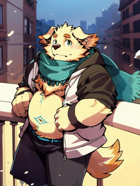 <lora:cusith_v1:1>, cu sith \(tas\), bird dog, canid, canine, canis, domestic dog, golden retriever, hunting dog, mammal, retriever, anthro, city, clothing, floppy ears, fur, green eyes, hoodie, male, scarf, slightly chubby, solo, topwear, wristband, yellow body, yellow fur, arms over balcony, pondering, looking at sky, leaning towards balcony, clear sky, sun ray, on top of a building, arms on railing, arms holding head, bending arms,  facing away from viewer, angled view, face pov, face focus, close-up, headshot portrait <lora:add_detail:0.3>, by chunie, by null-ghost, by darkgem, 
<lora:nj5furry-v1_toon_nsfw:1.0>