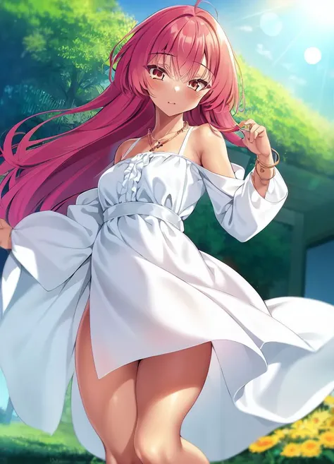 masterpiece,1girl, cle_mashiro <lora:Cle_Mashiro-33:1> , colorful dress, long sleeves, frills, jewelry, bracelet, necklace, spinning, floating hair, red hair, long hair, outdoors, garden, sun, lens flare, tan, toned