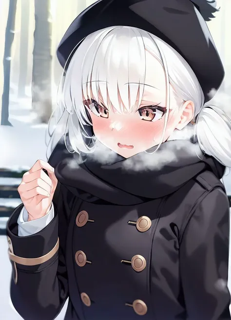 masterpiece,1girl, cle_mashiro <lora:Cle_Mashiro-33:1> , flat chest, coat, scarf, winter, outdoors, breath, steam, nose blush, snow, black hat, twintails, white hair, detailed background, forest, looking away,