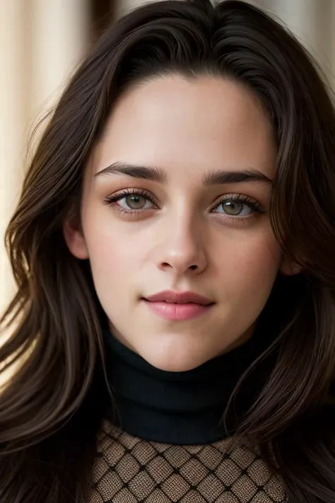 KristenS, ((2/3 body view)), ((wearing a turtleneck)), model shoot style, 8k raw, high res, ultrarealistic, hyperrealistic, soft lighting, good lighting, textured skin, photorealism, DSLR photo, high details, detailed face, detailed hair, skin pores, (looking at viewer), (Real Eyes), (Detailed Eye Corneas), (detailed pupils), ((smiling)), photo lab, elegant, insane details, hyperdetailed, low contrast, epiCRealism, Detailed and realistic photography, intricate and realistic eyes, shot outside, skin texture, soft natural lighting, 85mm lens, magical photography, dramatic lighting, ultra-detailed, Kodak 800T, (((SFW)))