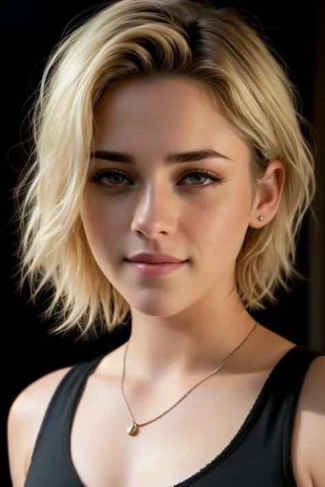 KristenS, ((2/3 body view)), ((wearing a sleeveless shirt)), (((Very short hair))), (((White Bleach Blonde hair))), (((Black Eye Liner around her eyelids))), model shoot style, 8k raw, high res, ultrarealistic, hyperrealistic, soft lighting, good lighting, textured skin, photorealism, DSLR photo, high details, detailed face, detailed hair, skin pores, (looking at viewer), (Real Eyes), (Detailed Eye Corneas), (detailed pupils), ((smiling)), photo lab, elegant, insane details, hyperdetailed, low contrast, epiCRealism, Detailed and realistic photography, intricate and realistic eyes, shot outside, skin texture, soft natural lighting, 85mm lens, magical photography, dramatic lighting, ultra-detailed, Kodak 800T, (((SFW)))