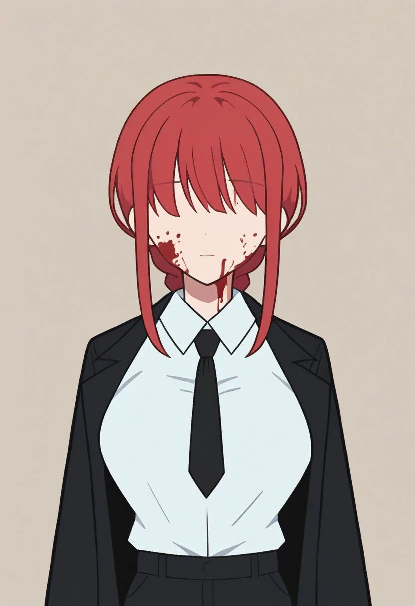 score_9, score_8_up, score_7_up, source_anime, <lora:PonyMinimalStyle:1>, MinimalStyle, simple, vector, (faceless female, faceless character:1.1), flat colors,
1girl, absurdres, bangs, makima, large breasts, collared shirt, highres, black sleeves, black coat, black necktie, black pants, blood on clothes, blood on face, braid, blood, blood in hair, medium hair, white shirt <lora:MakimaXLV7:1>