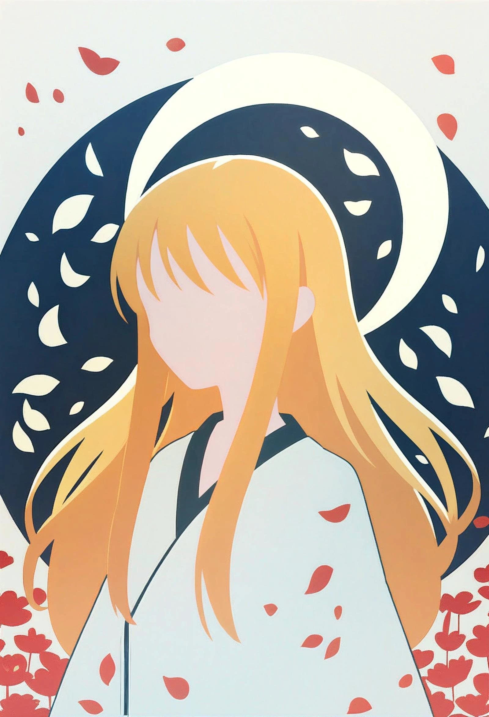 score_9, score_8_up, score_7_up, <lora:PonyMinimalStyle:1> Minimalstyle, 1girl, simple, faceless female, beautiful, extremely detailed, vector, headshot, blonde hair, long hair, sakura petals, black and white theme, tsukuyomi, moon, white kimono
