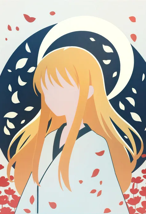 score_9, score_8_up, score_7_up,  <lora:PonyMinimalStyle:1> Minimalstyle, 1girl, simple, faceless female, beautiful, extremely detailed, vector, headshot, blonde hair, long hair, sakura petals, black and white theme, tsukuyomi, moon, white kimono