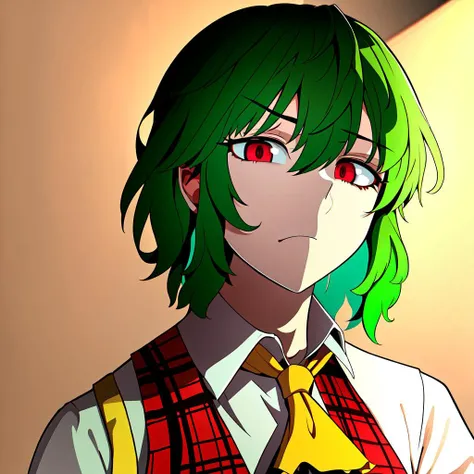 flat chest, yellow ascot, white undershirt, expressionless, best quality, absurdres, masterpiece, YuukaKazami, red_eyes, green_hair, solo, YuukaRedPlaidOutfit, detailed face, detailed eyes, highres <lora:YuukaKazami:1>