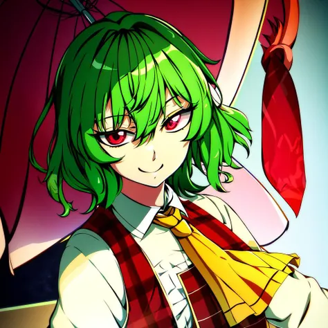 flat chest, yellow ascot, white undershirt, light smile, best quality, absurdres, masterpiece, YuukaKazami, red_eyes, green_hair, solo, YuukaRedPlaidOutfit, detailed face, detailed eyes, highres <lora:YuukaKazami:1>
