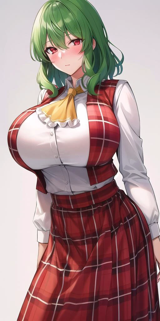 <lora:YuukaKazami:.7>, YuukaKazami, red_eyes, green_hair, standing, solo, huge_breasts, blush, closed_mouth, YuukaRedPlaidOutfit, masterpiece, best quality, detailed face, detailed eyes, highres,