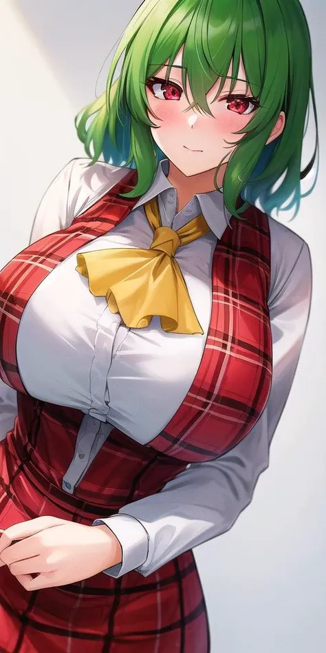 <lora:YuukaKazami:.7>, YuukaKazami, red_eyes, green_hair, standing, solo, huge_breasts, blush, closed_mouth, YuukaRedPlaidOutfit, masterpiece, best quality, detailed face, detailed eyes, highres,