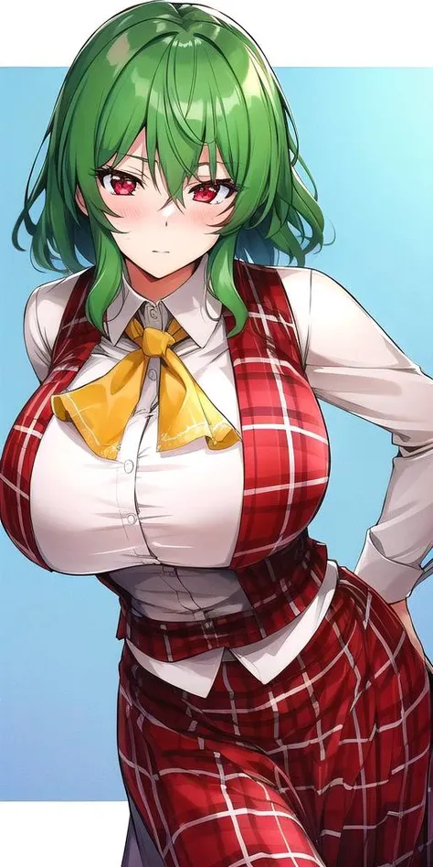 <lora:YuukaKazami:.7>, YuukaKazami, red_eyes, green_hair, standing, solo, huge_breasts, blush, closed_mouth, YuukaRedPlaidOutfit, masterpiece, best quality, detailed face, detailed eyes, highres,