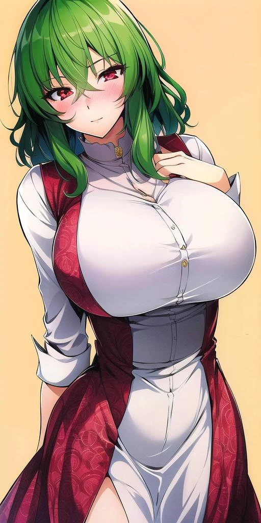 <lora:YuukaKazami:1>, YuukaKazami, red_eyes, green_hair, standing, solo, huge_breasts, chinadress, blush, closed_mouth, masterpiece, best quality, detailed face, detailed eyes, highres,