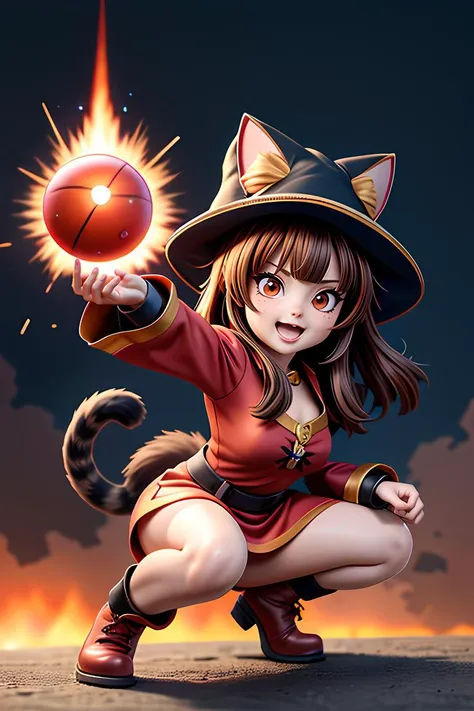 best quality, dynamic angle, close up, c4tt4stic, megumin as a cat, red dress, (witch hat), action pose, explosion, hyperrealistic, cinematic  <lora:c4tt4stic6(1):0.6>  <lora:megumin-10:0.8>  <lora:more_details:0.5>