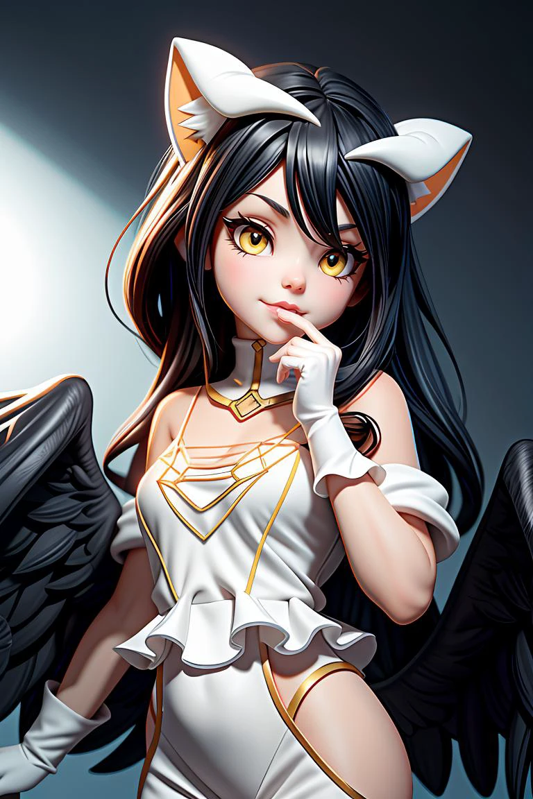 best quality, dynamic angle, close up, c4tt4stic, albedo_overlord as a cat, low wings, black hair, white dress, hyperrealistic, cinematic <lora:c4tt4stic6(1):0.8> <lora:more_details:0.5> <lora:albedo:0.8>