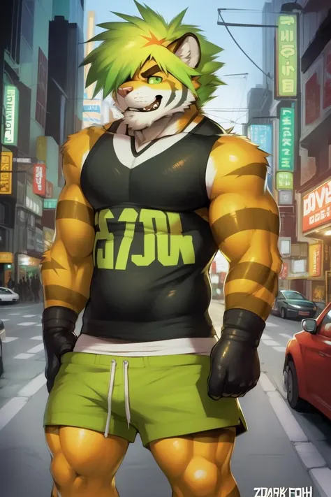(by zackary911, by darkgem, by foxovh) male, tiger, solo, macan (tas), muscular, stripes, green eyes, green hair, front view, gloves, clothed, tokyo, akihabara, street, neon lights, leather jacket