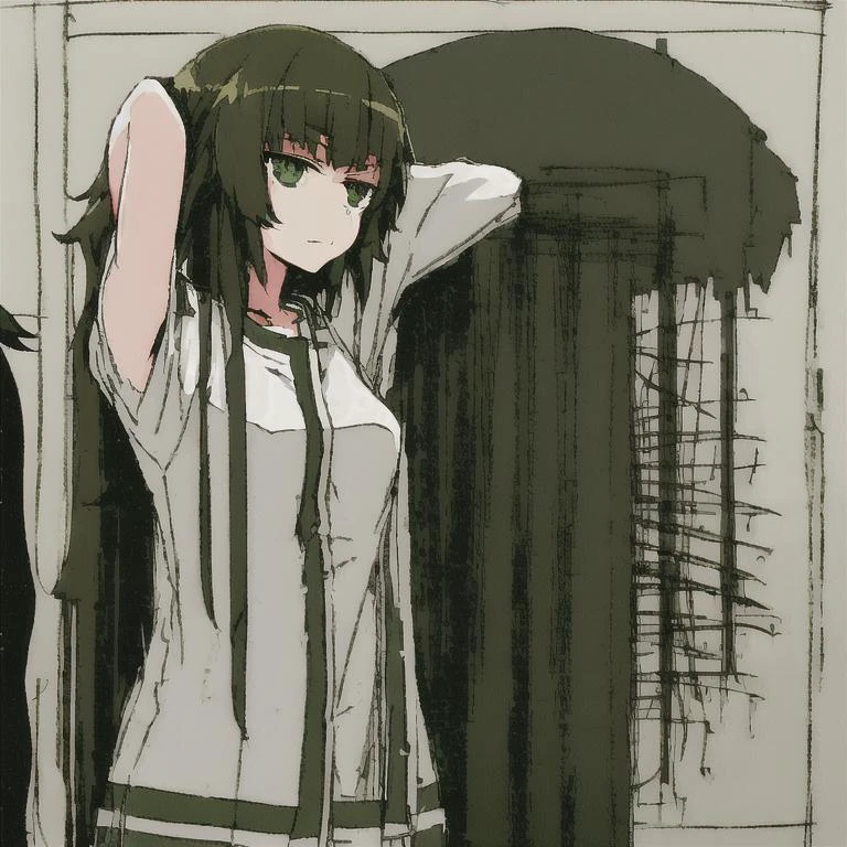 (masterpiece, best quality:1.2), official art with official artstyle, (1girl, solo:1.8), (arm behind head:1.1), (jaggy lines, oekaki:1.1), kaeruyama yoshitaka, jaggy lines, sketch, <lora:shittyOekakiJaggy_v10:0.6>, horror, scary, psychedelic, shizophrenic, <lora:mahoSteinsGate0_mahosteinsgate:0.6>, maho, steins;gate, hiyajou maho<hypernet:blackSoulsHypernetwork_wd14AnimeEpoch1:0>