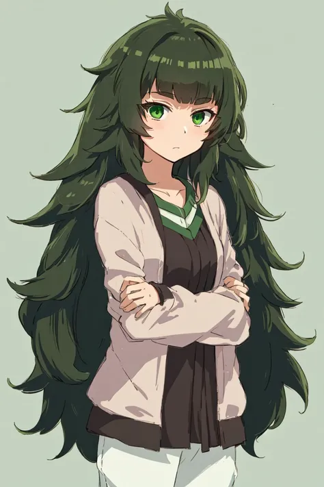 best quality, masterpiece, 1girl, solo, maho, messy hair, bangs, dark green hair, green eyes, cowboy shot,