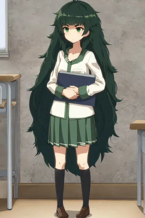 best quality, masterpiece, 1girl, solo, maho, messy hair, full body, green eyes, dark green hair, standing, (school uniform:1.2), indoors