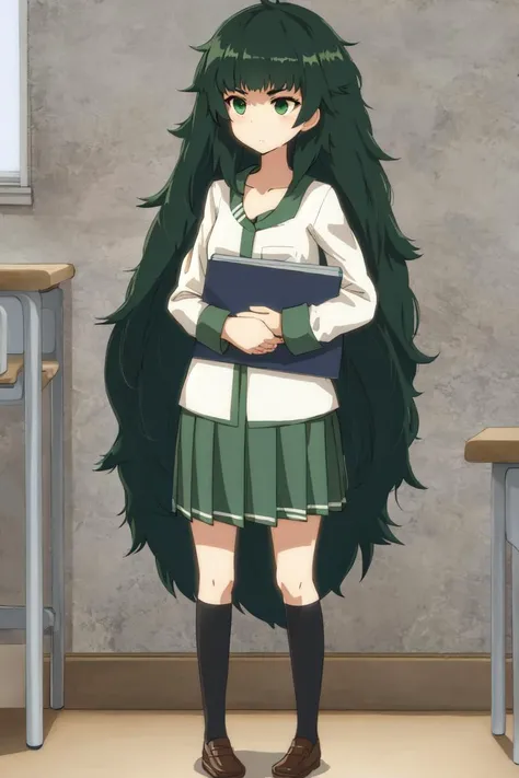 best quality, masterpiece, 1girl, solo, maho, messy hair, full body, green eyes, dark green hair, standing, (school uniform:1.2), indoors