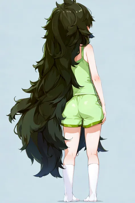 best quality, masterpiece, 1girl, solo, maho, messy hair, full body, standing, white camisole, socks, very long hair, shorts, (from behind:1.2), faceless