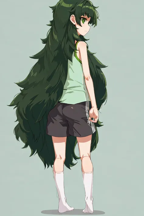 best quality, masterpiece, 1girl, solo, maho, messy hair, bangs, dark green hair, green eyes, full body, standing, white camisole, socks, very long hair, shorts, (from behind:1.2),