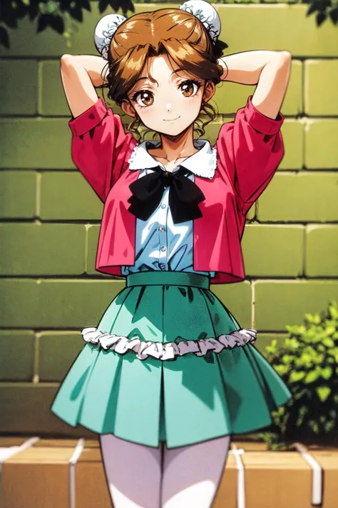 akirhaya, 1girl, solo, cropped jacket, black bow, shirt, aqua skirt, frills, white pantyhose, arms behind head, smile, closed mouth, 1990s \(style\), brick wall, <lora:akirhaya_V5-09:0.7>